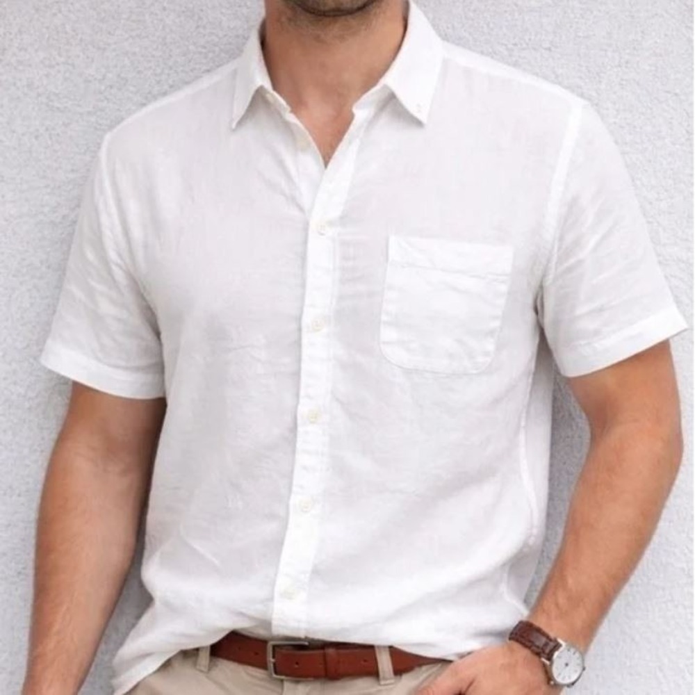 Porter & Ash Men's Button-Down Short Sleeve 100% Linen Casual‎ Shirt White Large